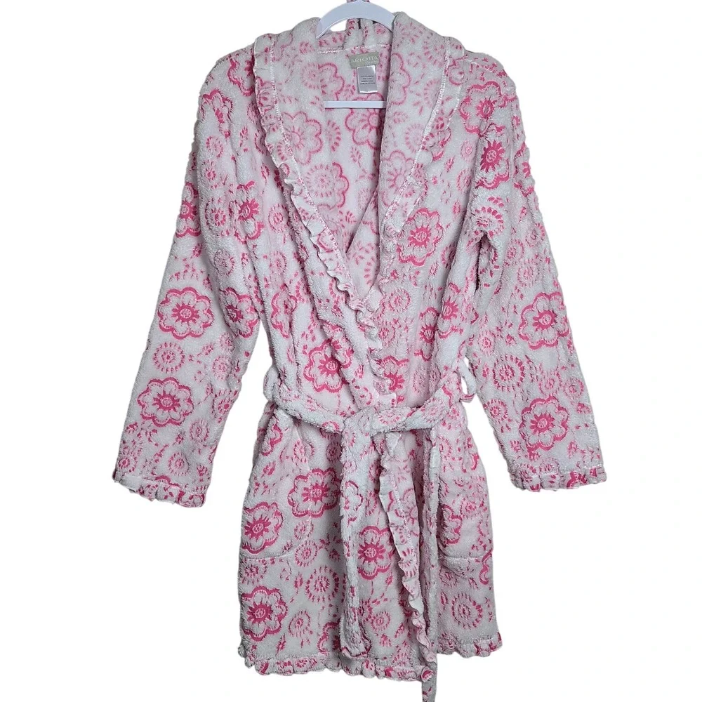 Pink Plush Floral Robe Ruffle‎ Trim L Loungewear Coquette Girly Barbiecore GRWM